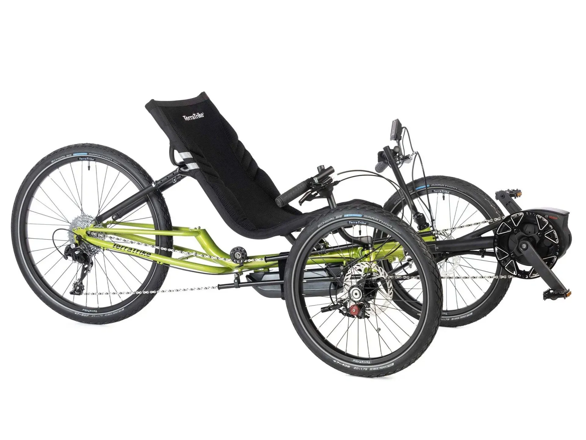 Two recumbent bicycles, one black and lime green.