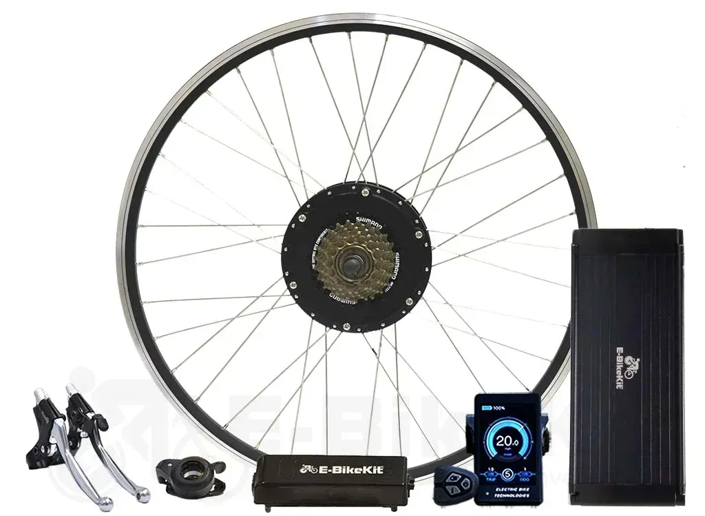 Electric bike wheel kit with motorized rear wheel.