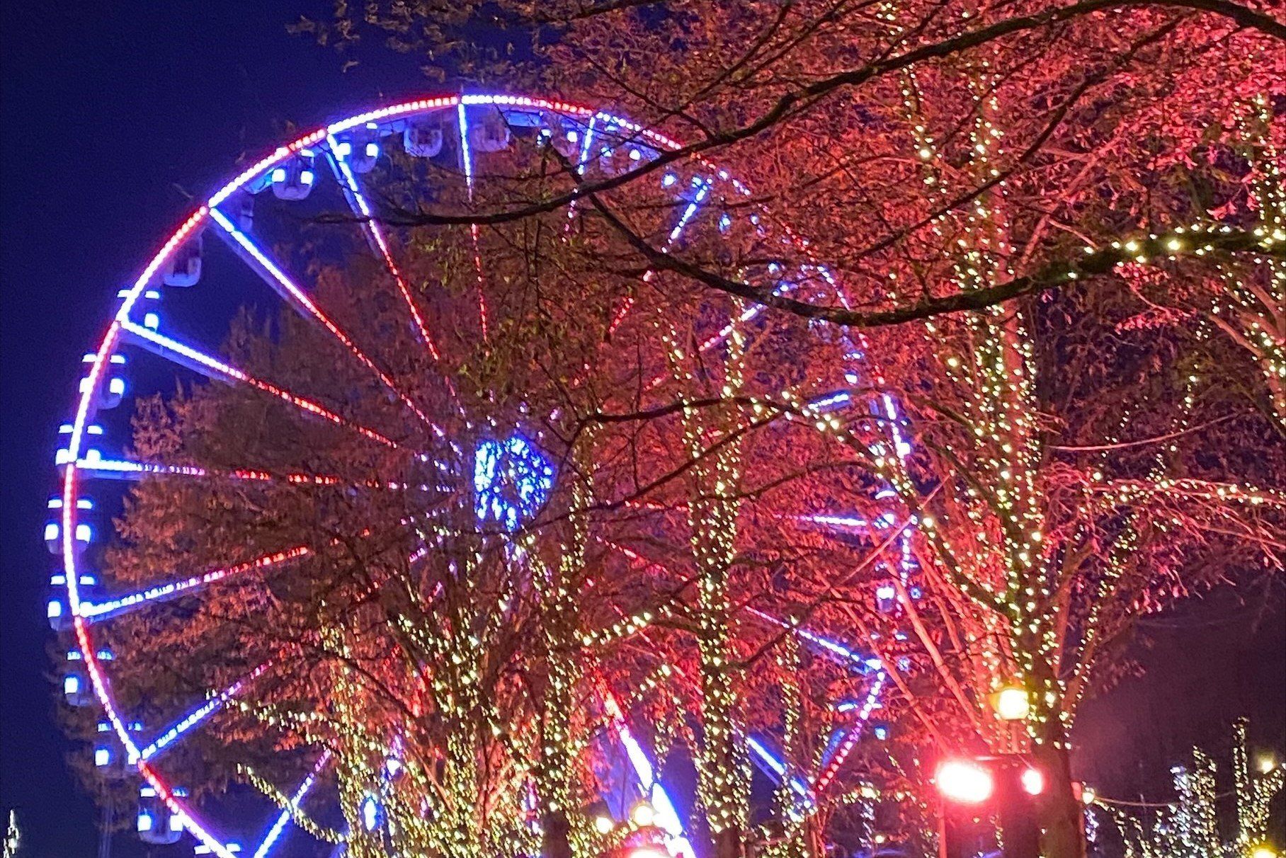 Het reuzenrad op het Steenplein bij nacht. Het reuzenrad zelf is verlicht met rode en blauwe lichtjes en de stammen van de bomen zijn bekleed met gele lampjes. De takken van de bomen hebben een oranje schijn, die fel afsteekt tegen de diepblauwe nachthemel.