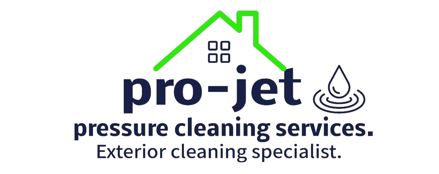 Logo for Pro-Jet pressure cleaning services. Includes a house icon, water droplet, and text.