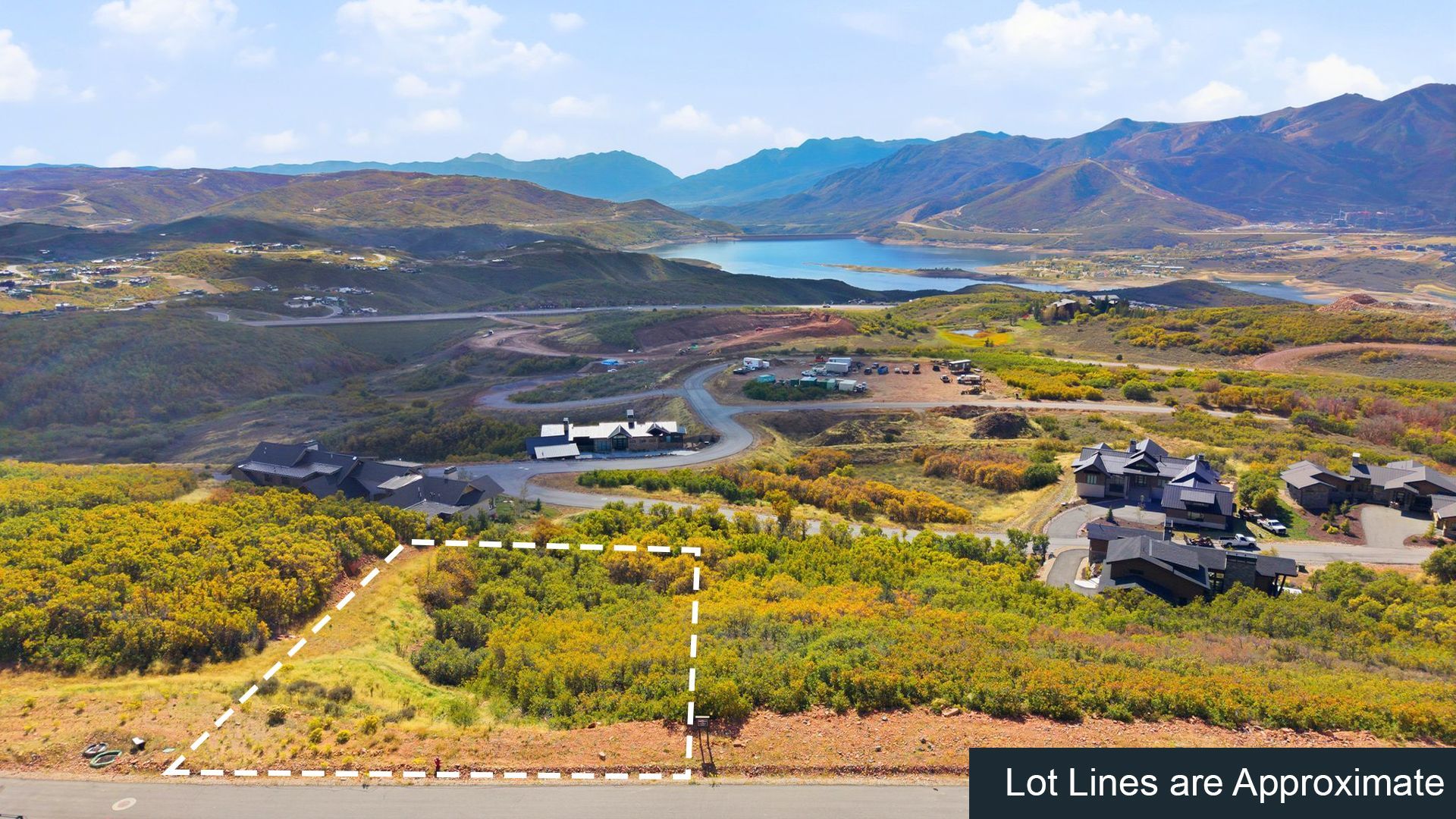 Aerial view of Lot 47 at 2092 E Outlaw Rd in Golden Eagle, Hideout UT with approximate lot lines and Jordanelle Reservoir in the distance