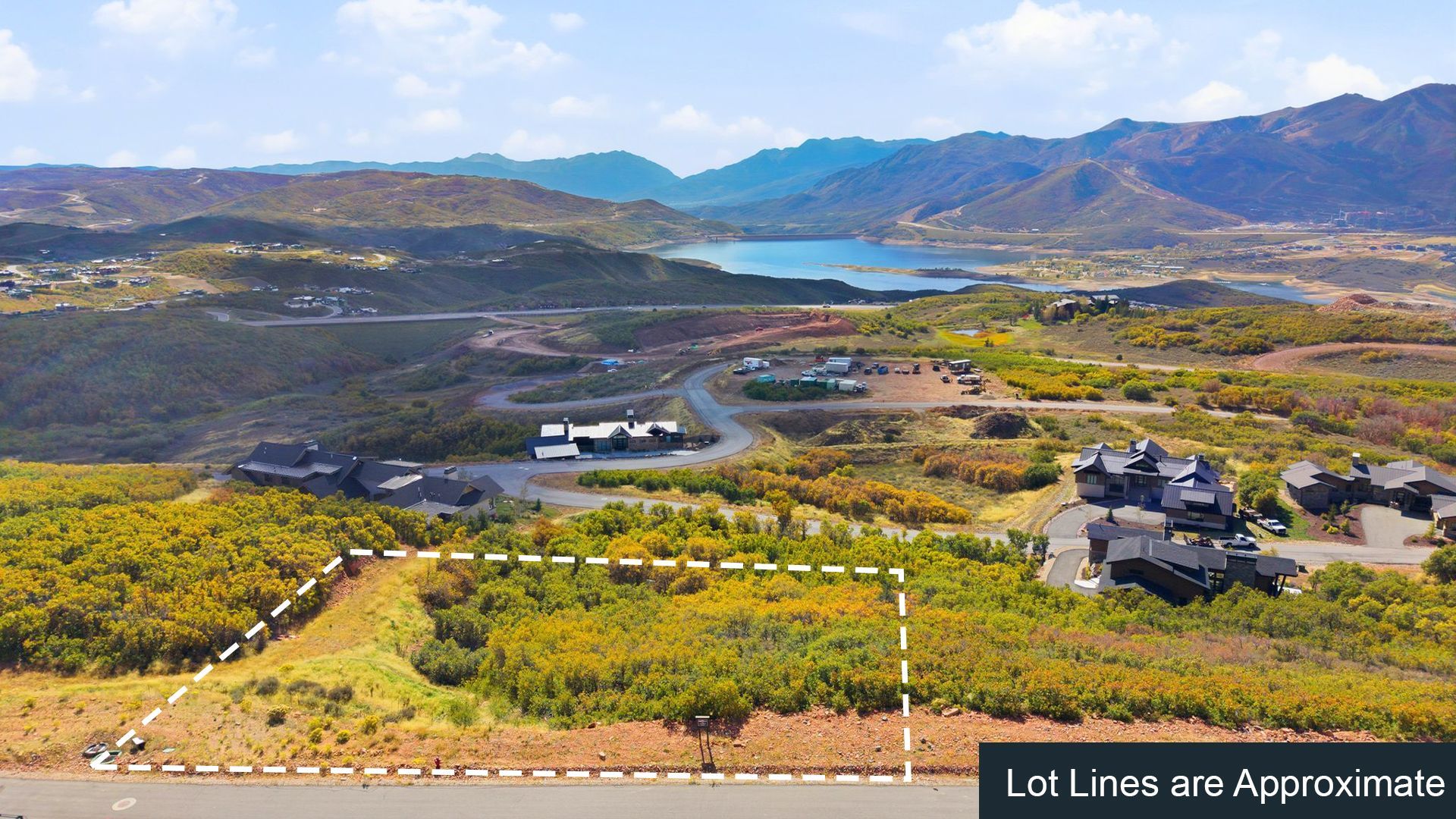 Aerial view of the 0.79-acre homesite at 2092 E Outlaw Road, Lot 47 in Golden Eagle, Hideout, Utah, with Jordanelle Reservoir in the distance