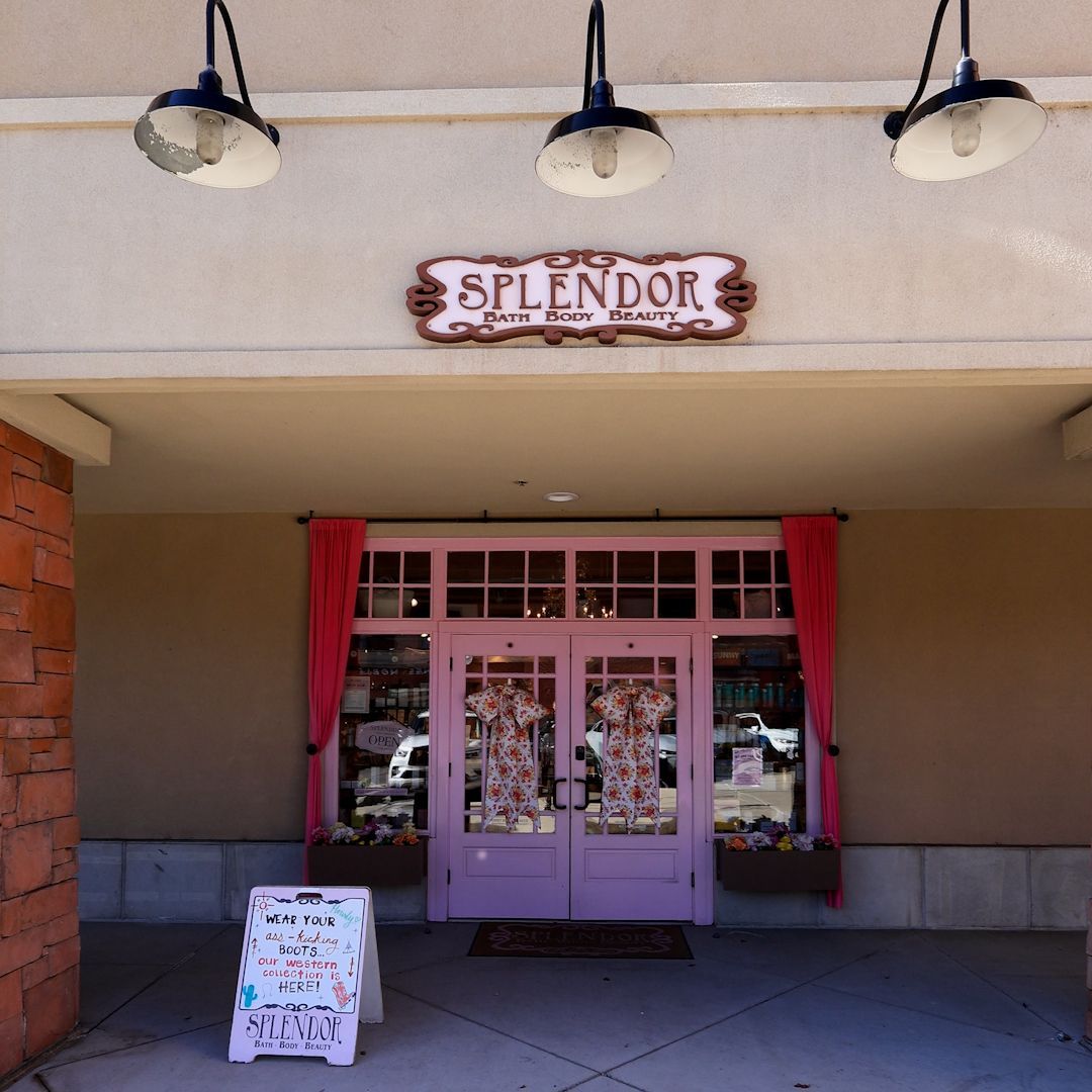 The Splendor storefront at Redstone in Kimball Junction, Park City, Utah, with its sign and red curtains.