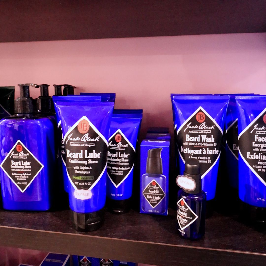 Jack Black men's skincare products on a shelf at Splendor in Park City, Utah.