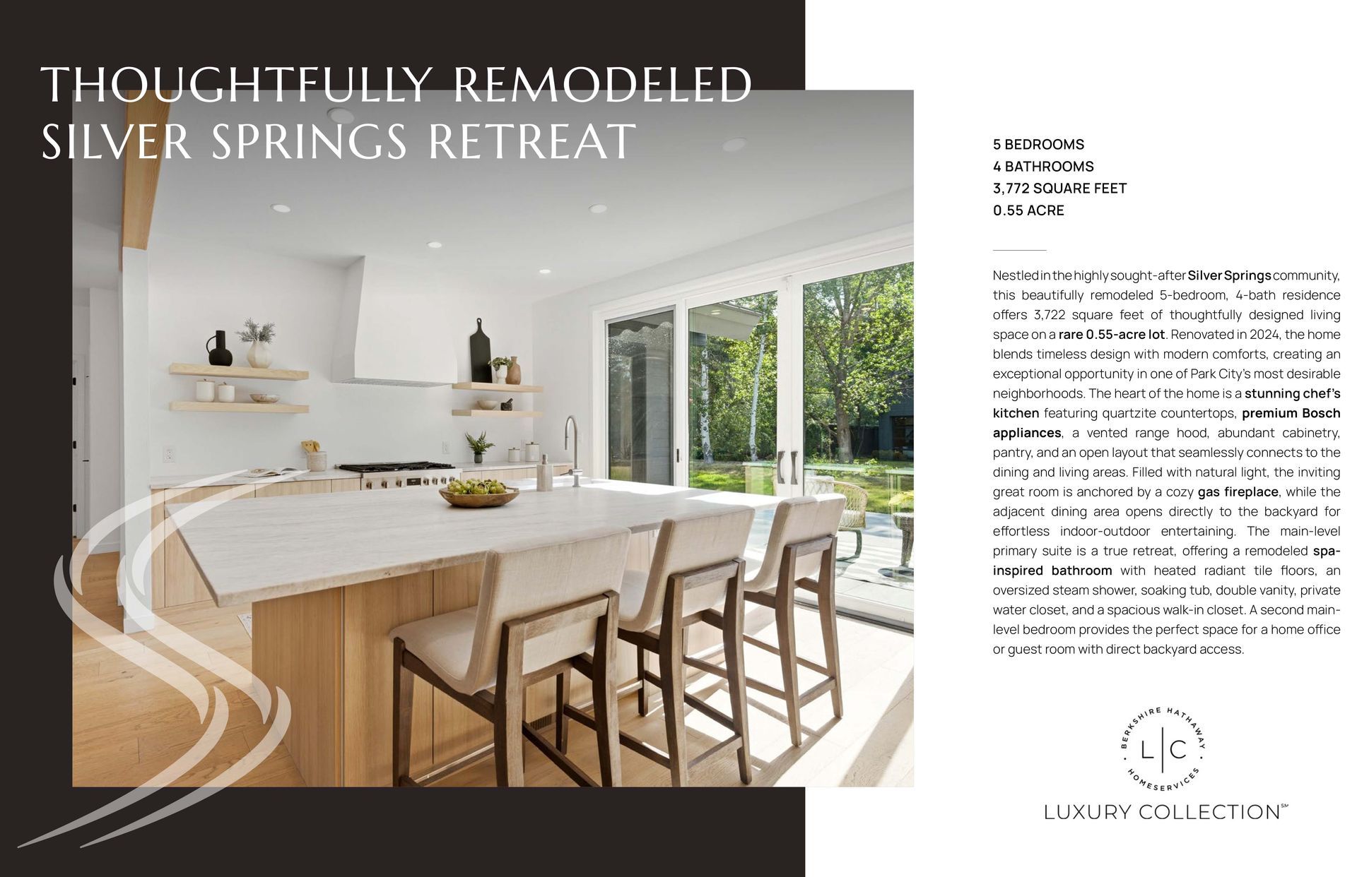 Modern kitchen and dining room with white finishes, wood island, and bar stools in a bright retreat brochure