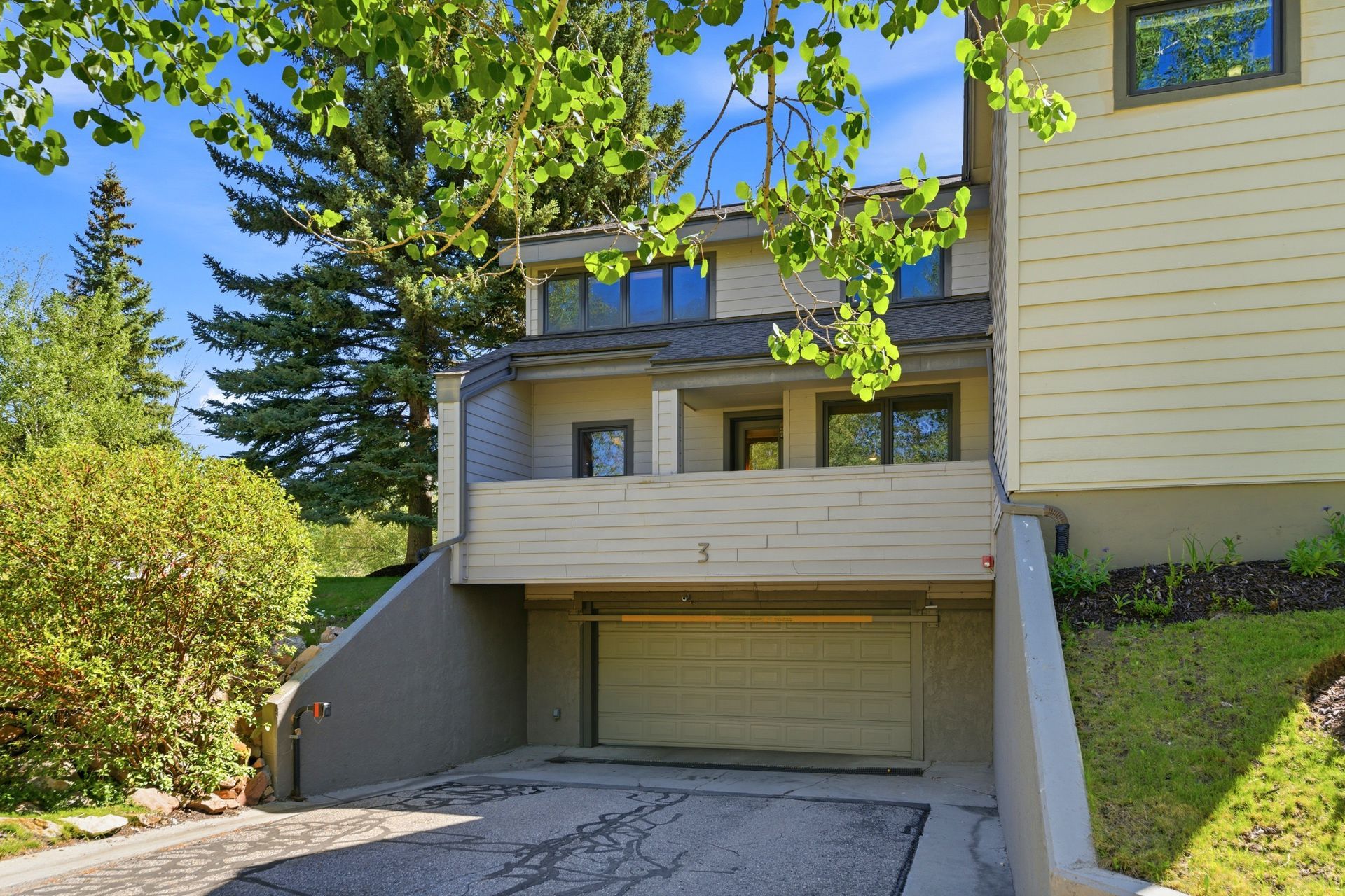 Exterior front view of the luxury Lower Deer Valley condo at 1500 Deer Valley Drive in Park City, Utah.