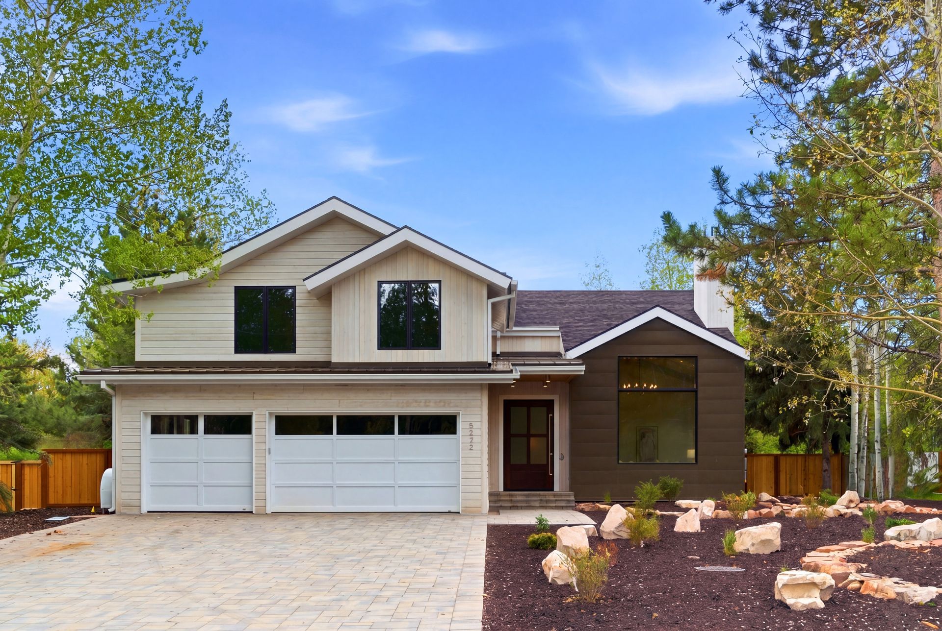 Front exterior of the newly completed luxury modern farmhouse at 5272 Heather Lane in Silver Springs, Park City.