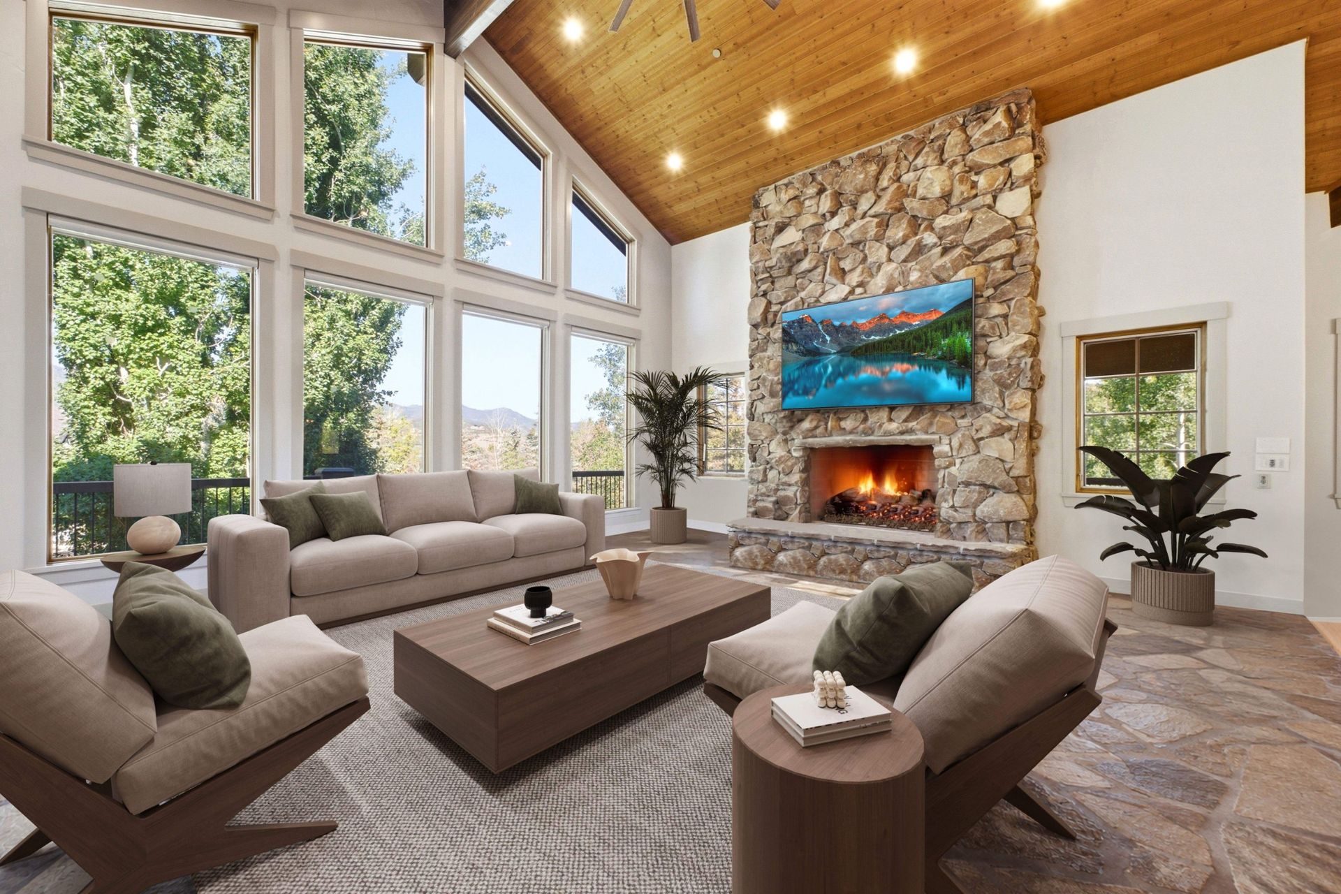Virtually staged living room at 2490 Silver Cloud Dr with floor-to-ceiling windows, stone fireplace, and sectional sofa