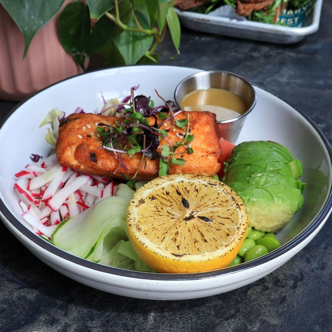 A colorful and healthy salmon wellness bowl from Harvest cafe featuring a cooked salmon fillet, sliced avocado, edamame, cucumber, radishes, a charred lemon half, and a side of dressing.