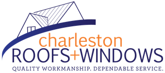 Charleston Roofs+Windows logo with roof graphic and blue, orange text; &ldquo;Quality workmanship. Dependable service.&rdquo;