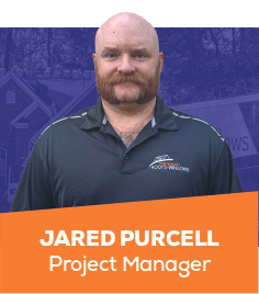 Portrait of Jared Purcell, Project Manager, in a navy polo on a purple and orange nameplate background