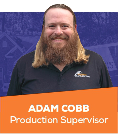 Adam Cobb smiling in a black polo, with orange name banner reading “Production Supervisor”