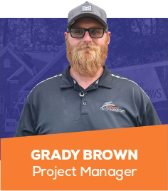 Grady Brown, Project Manager, in navy shirt and cap on a purple background with orange name banner