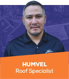 Portrait of a man in a navy shirt with orange banner text: “HUMVEL Roof Specialist”