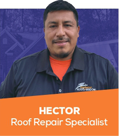 Hector, Roof Repair Specialist, in navy shirt with orange undershirt on purple and orange promo graphic