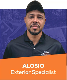 Alosio, Exterior Specialist, in a black polo shirt against a purple background with an orange name banner.