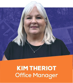 Portrait of Kim Theriot, Office Manager, with white hair on a purple background and orange name banner