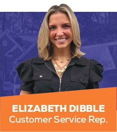 Elizabeth Dibble, Customer Service Rep., smiling in a black jacket on a purple-and-orange profile card