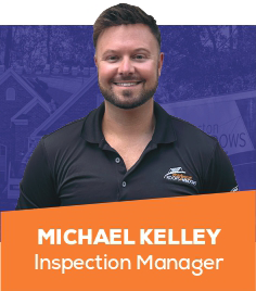 Portrait of Michael Kelley, Inspection Manager, smiling in a black polo with logo on a purple background