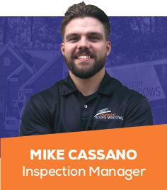 Portrait of Mike Cassano, Inspection Manager, on a blue background with orange name banner