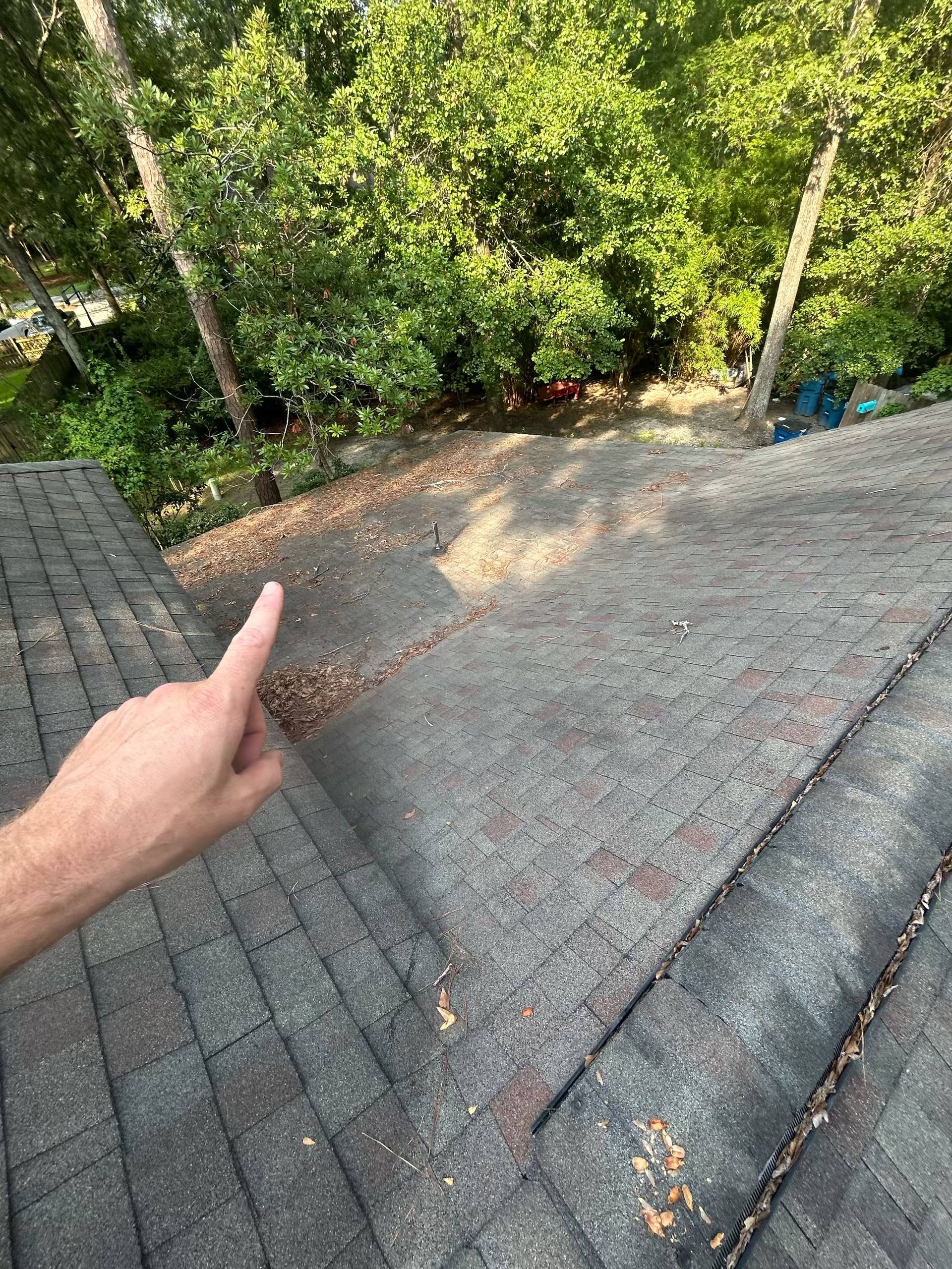 Roof maintenance near you crew clearing pine needles from a roof valley