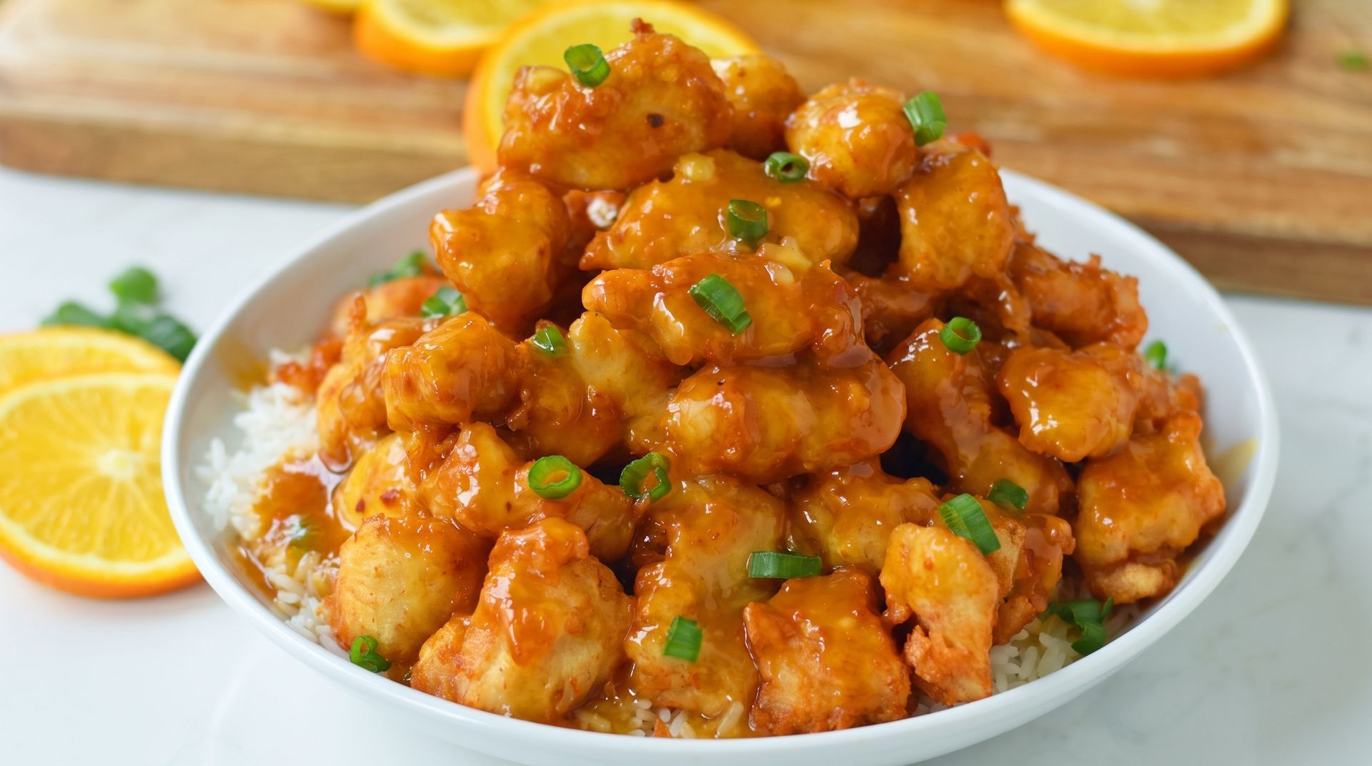 Bowl of crispy orange-glazed cauliflower bites garnished with chopped herbs, with orange slices nearby