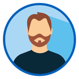 An icon of a man with a beard in a blue circle.