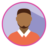 A man with a beard is in a pink circle.