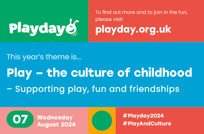 A poster that says ' play - the culture of childhood - supporting play , fun and friendships ' on it