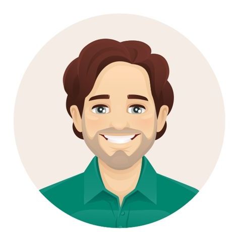 Smiling cartoon man with brown hair and beard, wearing a green collared shirt.