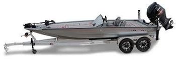 A boat on a trailer, silver in color with a black motor, sits on a white background.