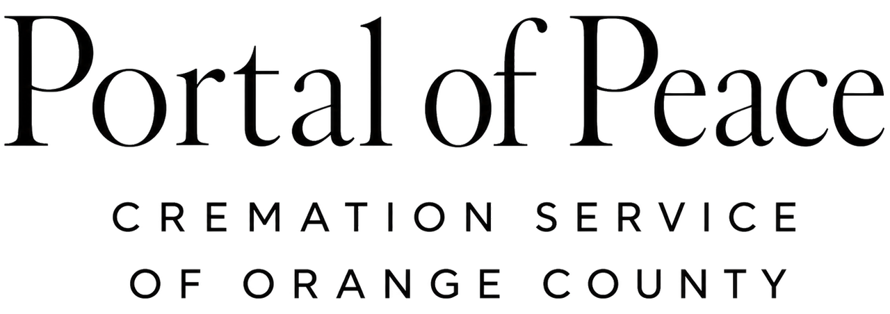 Portal of Peace cremation service logo with black text and a pink butterfly icon