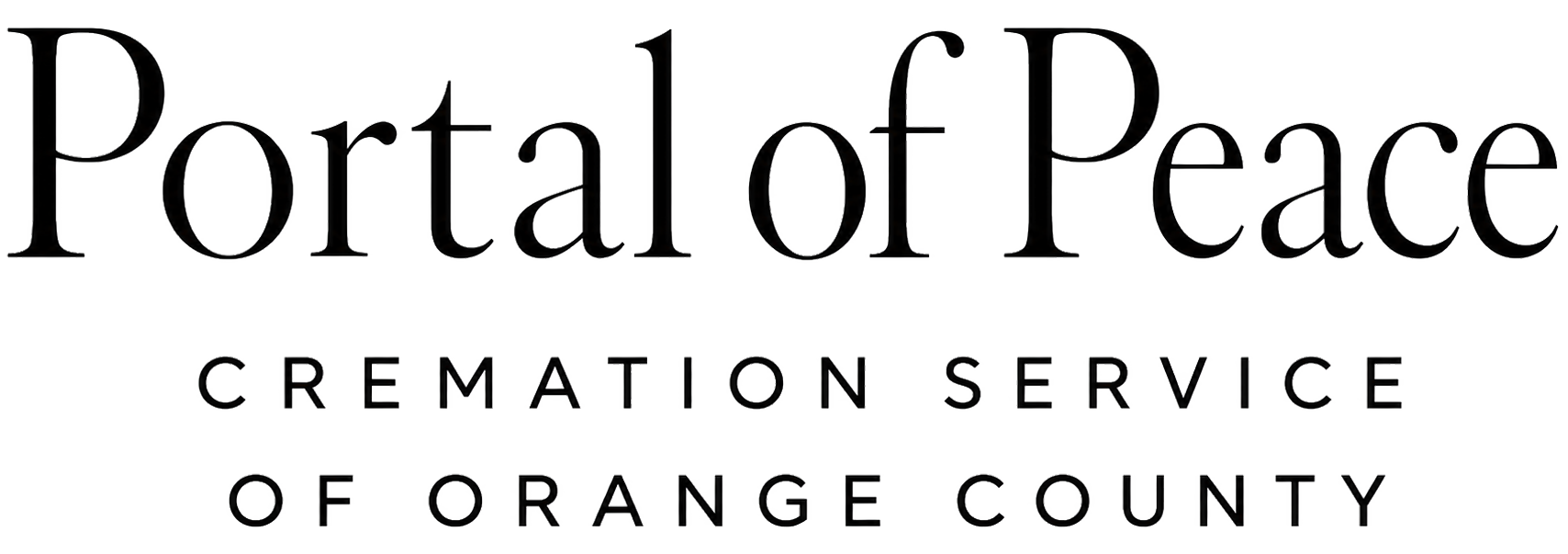 Portal of Peace cremation service logo with black text and a pink butterfly icon