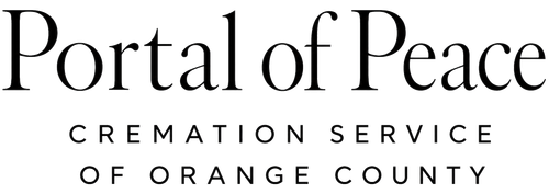 Portal of Peace cremation service logo with black text and a pink butterfly icon