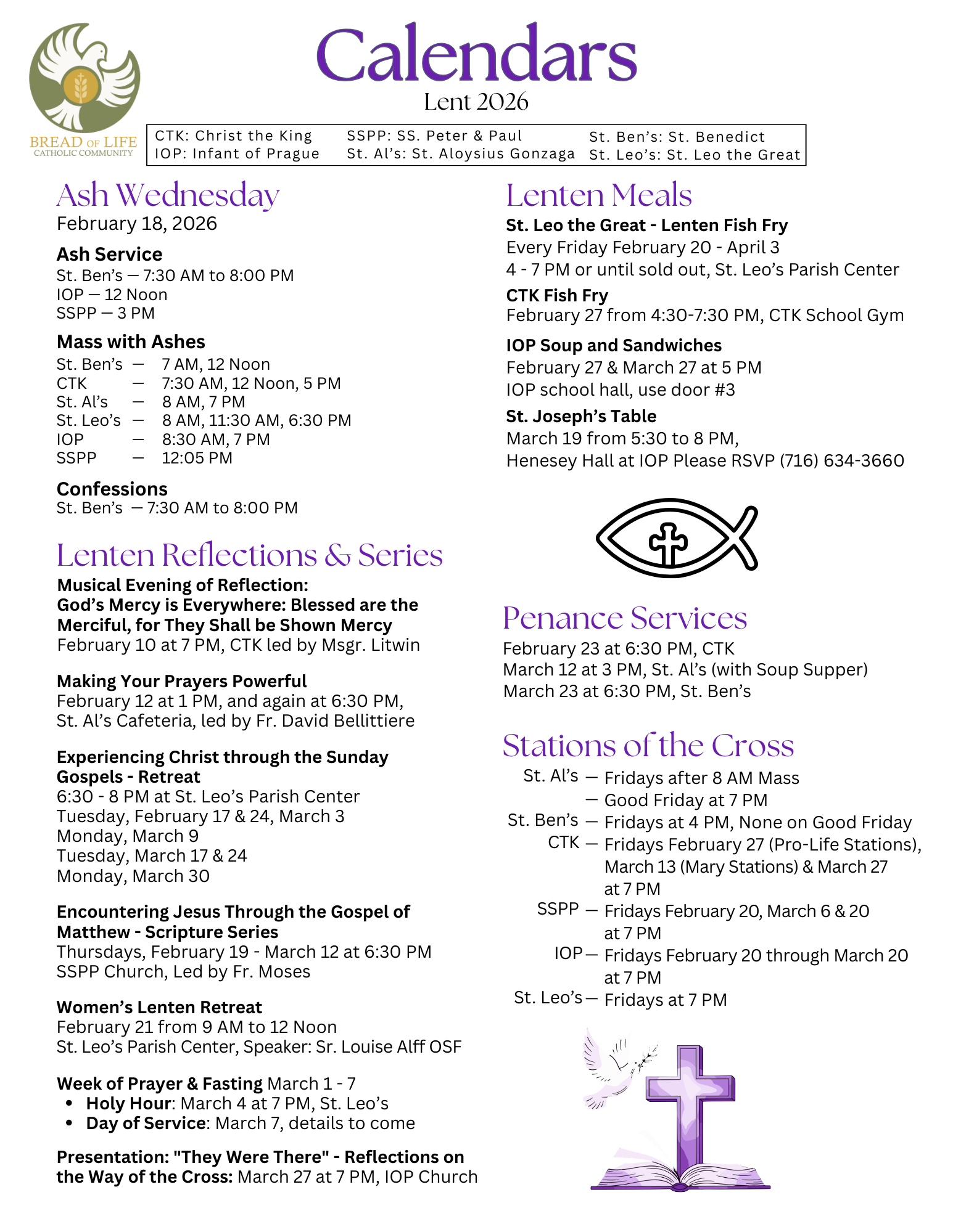 A flyer listing 2026 Lenten calendar events, including Mass times, meal schedules, Penance Services, Stations of the Cross, and Lenten Series