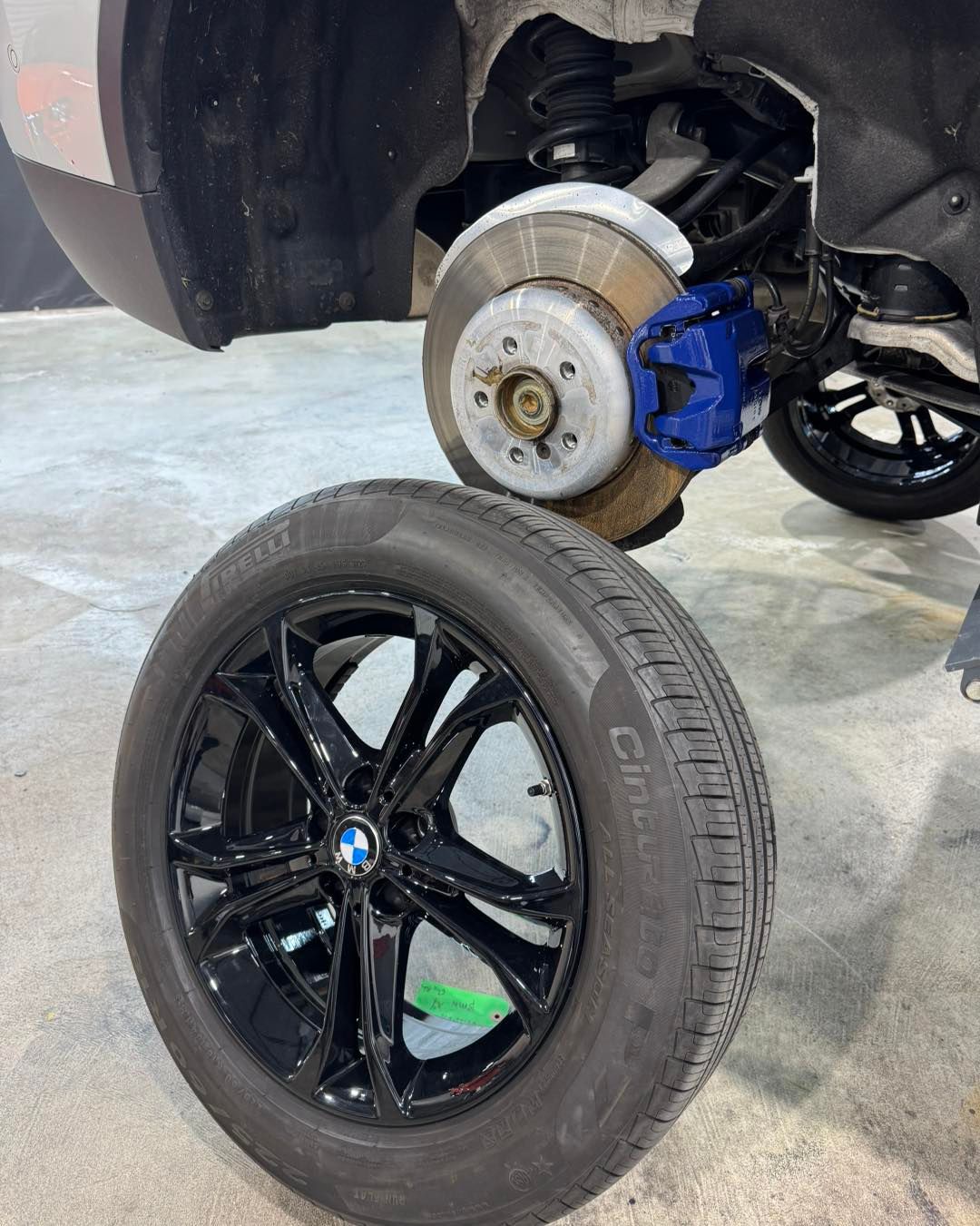 Black BMW wheel in front of a car with exposed brake rotor and blue caliper in a garage