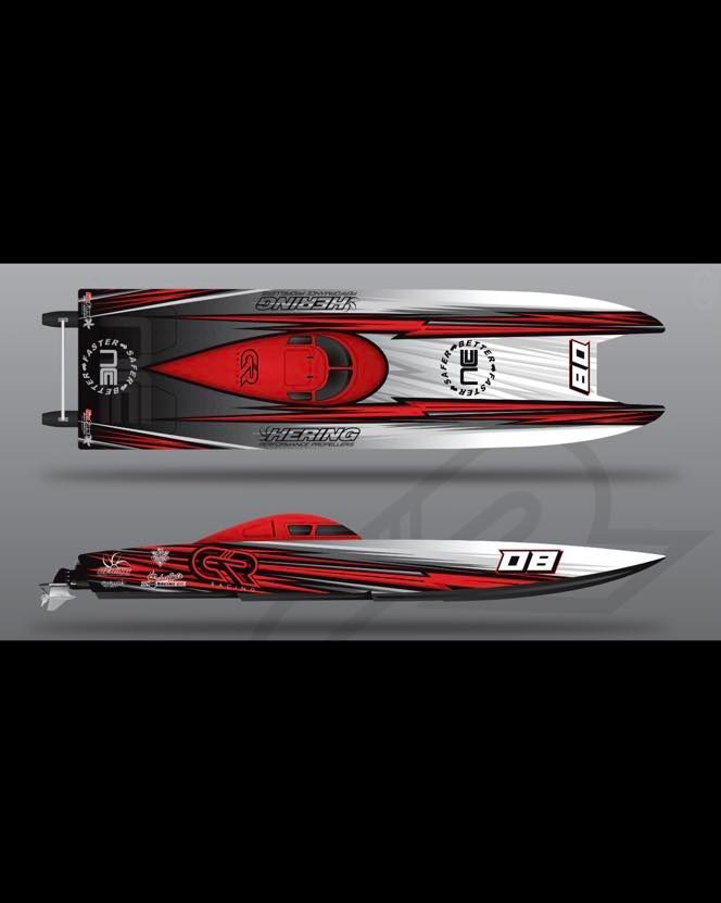 Top-down and side views of a sleek red, black, and white racing boat on a gray background