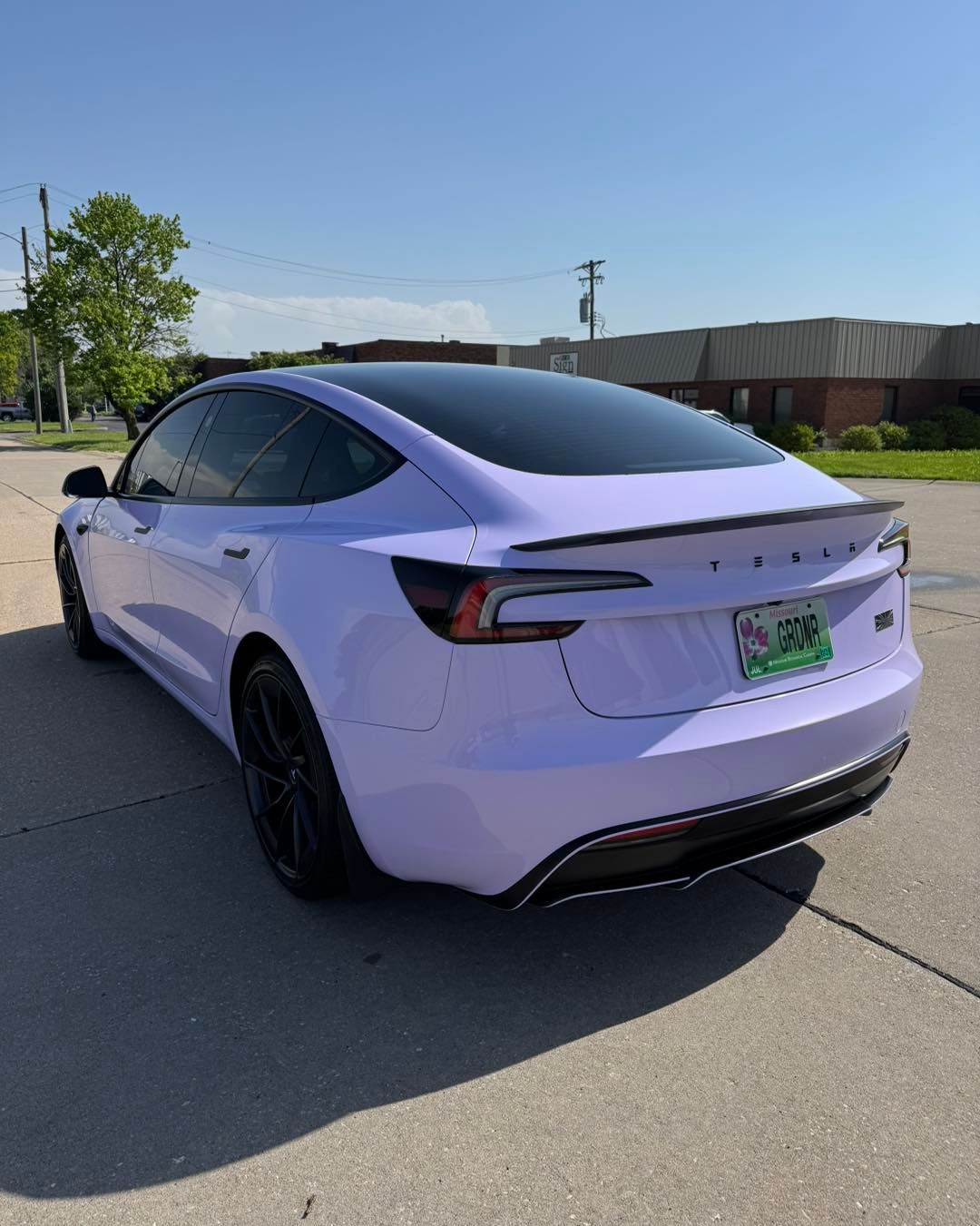 Lavender Tesla sedan parked on a sunny street, rear three-quarter view.