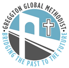 Logo for Greggton Global Methodist Church: blue circle, cross, white bridge symbol, text "Bridging the Past to the Future".