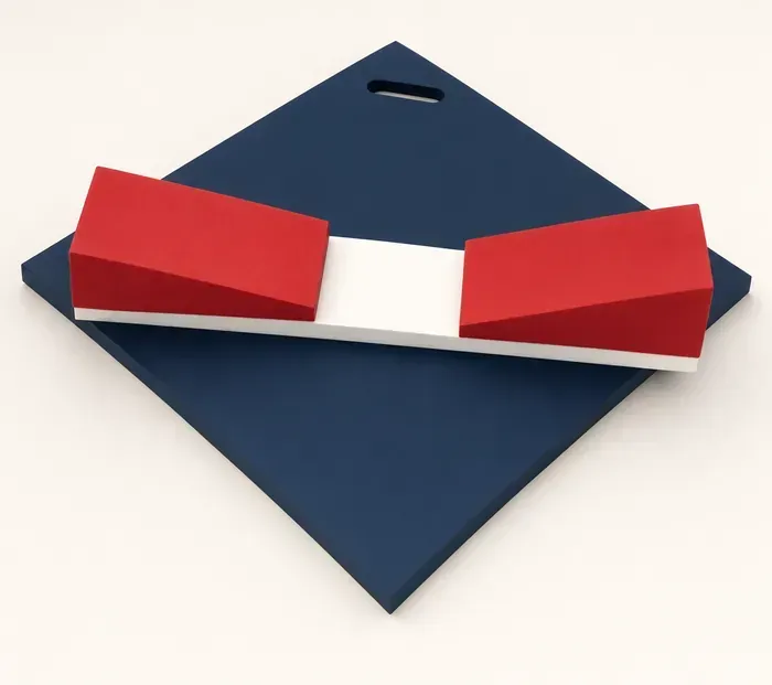 The Hip Balancer seen from an angle: a navy foam board with a white strip and two red foam wedges that slope down toward the middle