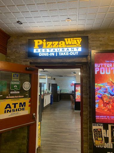 Pizza Way Restaurant entrance with blue-and-yellow sign and ATM inside lobby