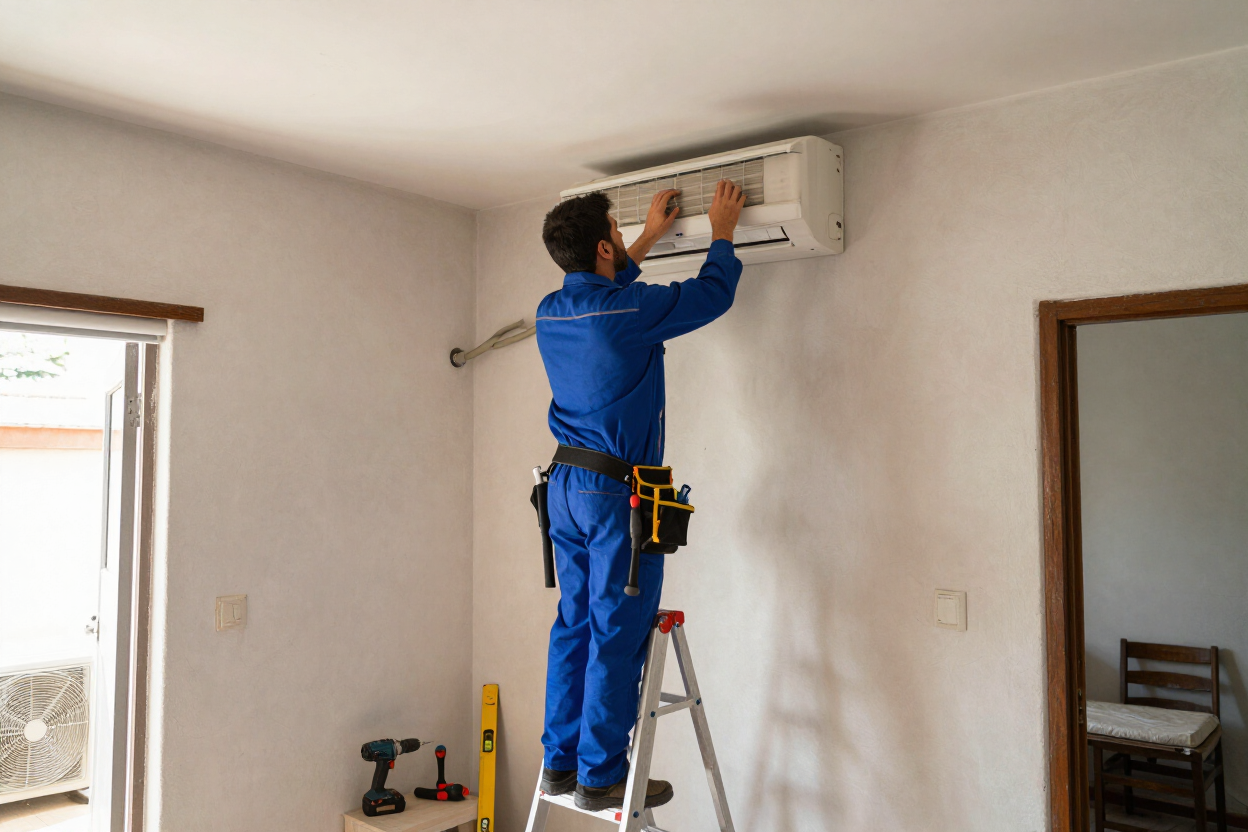 Técnico con mono de trabajo azul revisando un aire acondicionado de pared, subido a una escalera en una habitación.