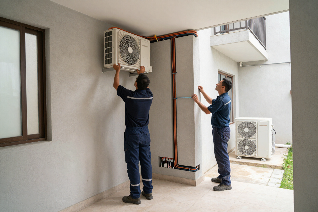 Dos técnicos instalando un aire acondicionado de pared en un pasillo exterior cubierto