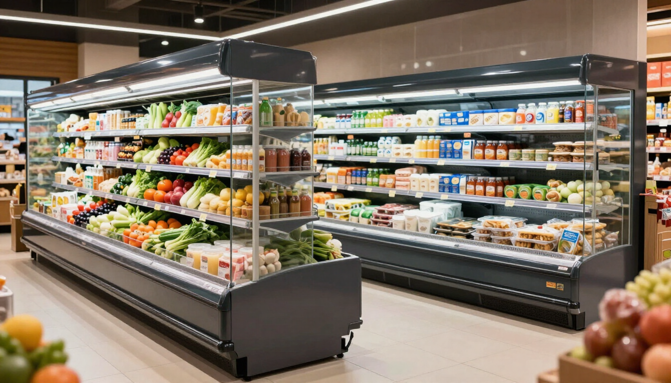 Exhibidoras refrigeradas con productos en un comercio