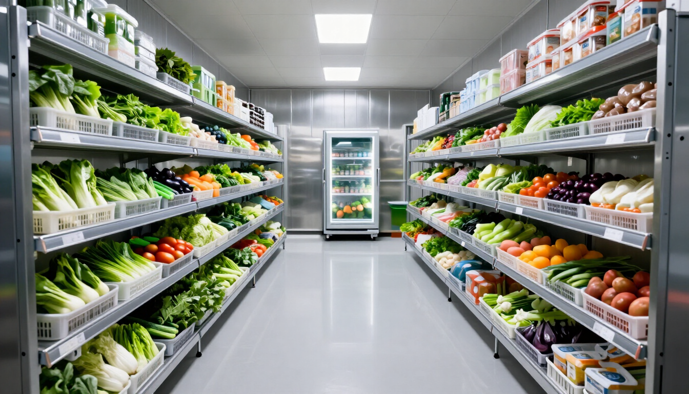 Interior de una cámara frigorífica comercial organizada