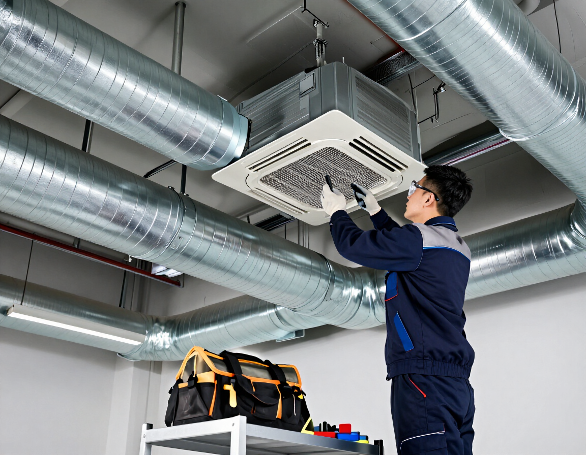Técnico revisando una instalación de climatización central