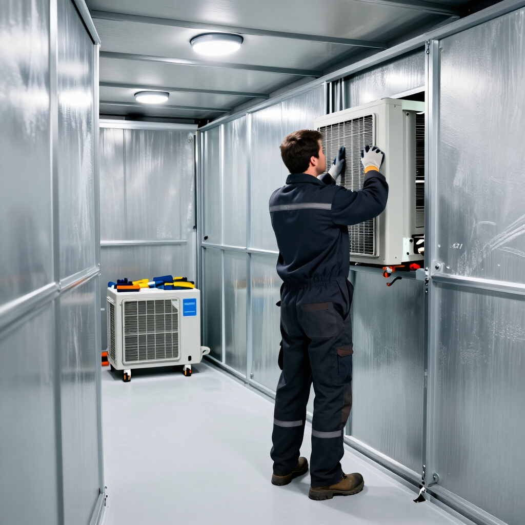 Cuatro trabajadores con cascos ensamblan una gran estructura modular gris en un almacén