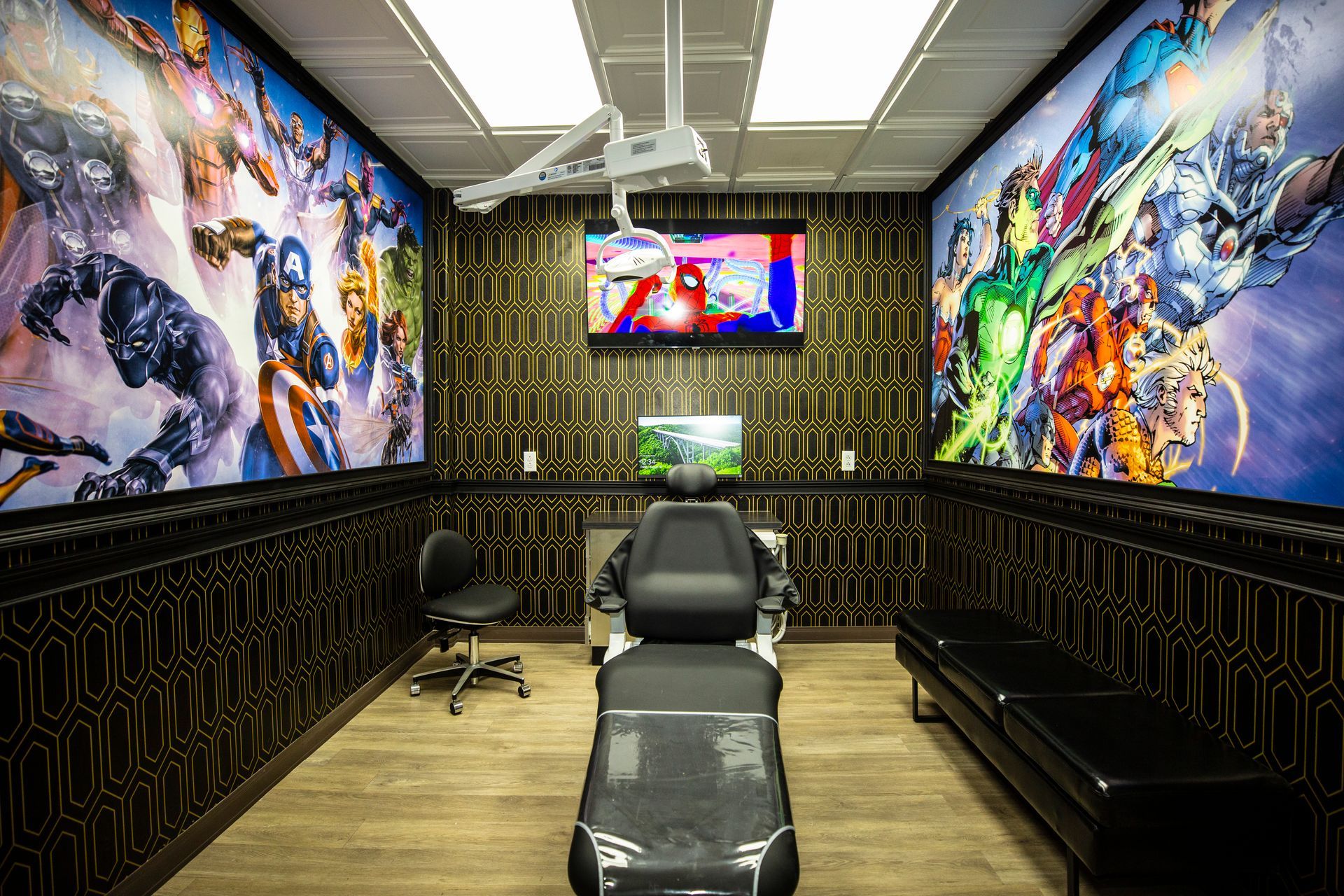 Super Dentists in San Antonio A room with a chair and a television on the wall.