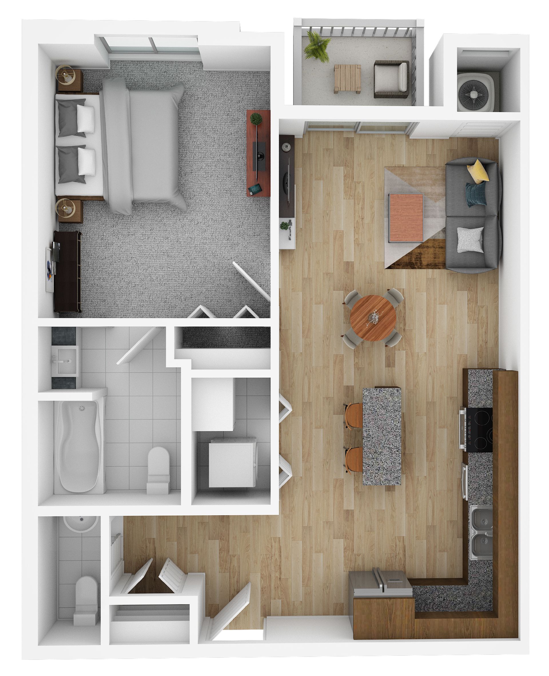 Top-down apartment floor plan with gray bedroom, open living room, bath, kitchen, and wood flooring.