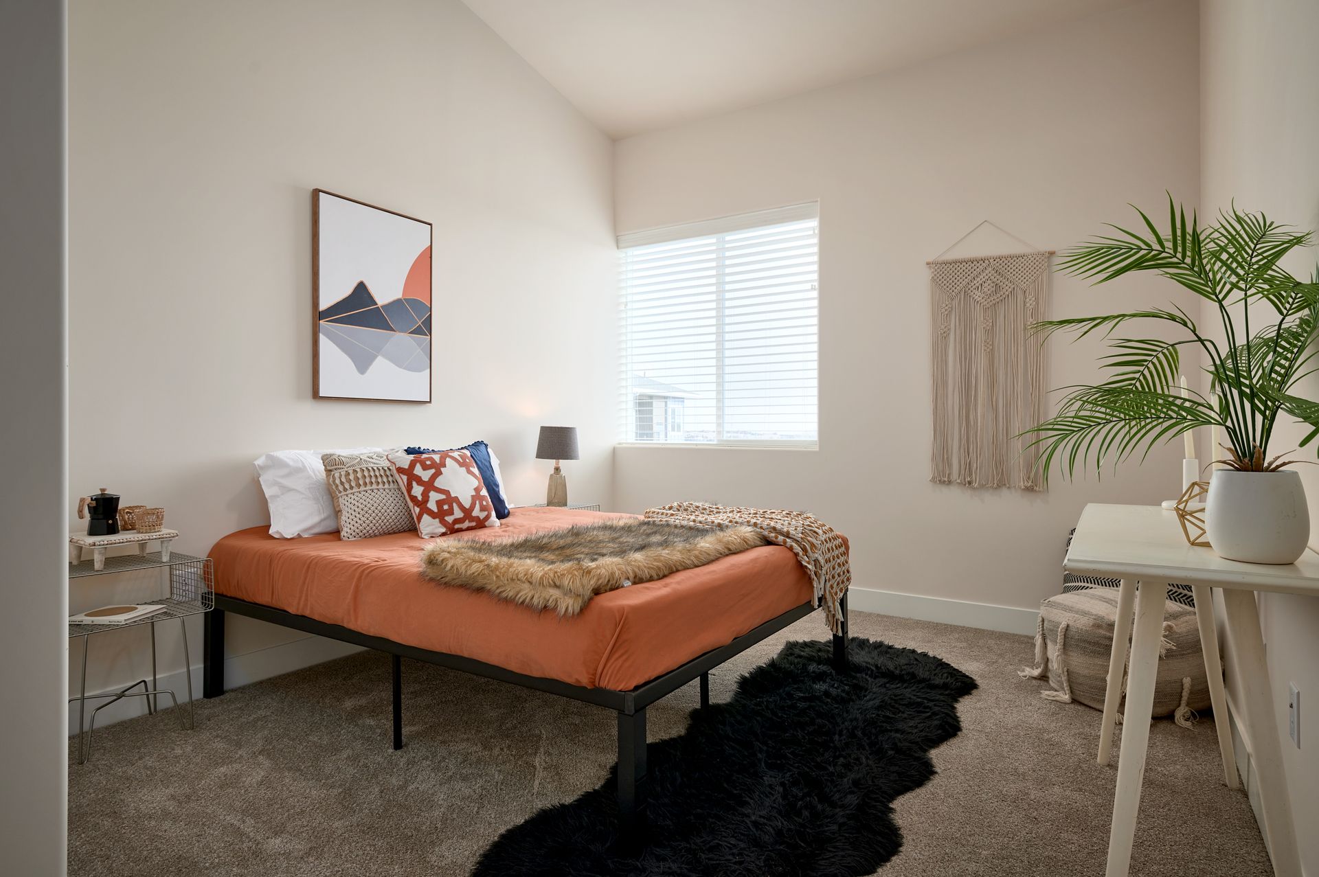 Cozy bedroom with coral bed, black rug, white desk, plant, and window light